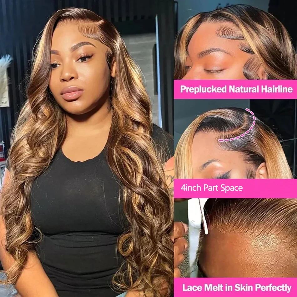 Perruque Lace Front Wig Body Wave Brésilienne Remy Naturelle, Cheveux à Reflets Colorés HD, P4/27, Densité 180%, pour Femme