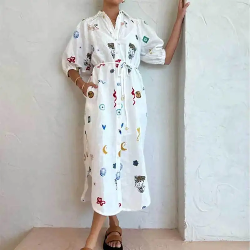 New fashion popular clothing summer women\'s new printing lapel long waist tie shirt dress women