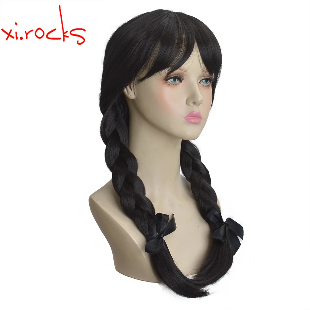 3622L Xi.Rocks Addams Wednesday Long Black Braids Hair Cosplay Heat Resistant Synthetic Wig Halloween Party Role Play