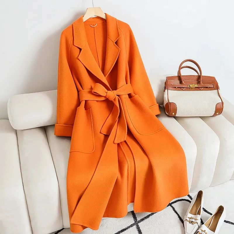 

Korean Women Handmade Hepburn Corrugated Water Ripples Coat Double-sided Cashmere Wool Long Woolen Jacket Cashmere Coat