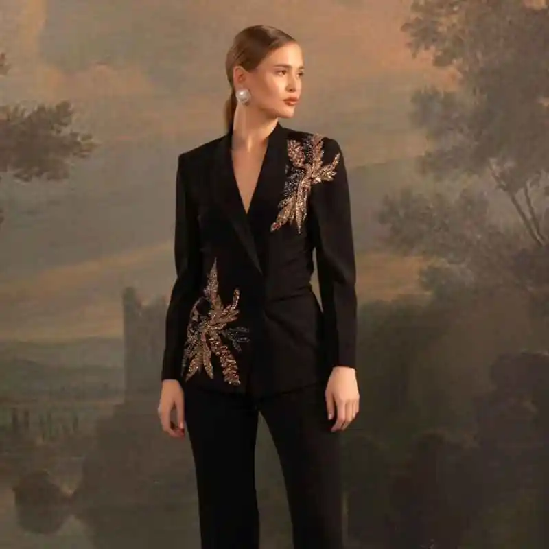 Vintage Mother Of The Bride Shawl Lapel Blazer Suits Crystal Appliques Formal Office Lady Suit Graduation Outfits Customized