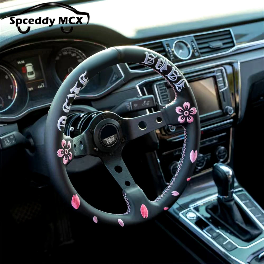 JDM 12.5inch 13inch 320mm Racing Steering Wheel Real Leather Deep Dish Car Sports Steering Wheel With Embroidery Cherry Blossom