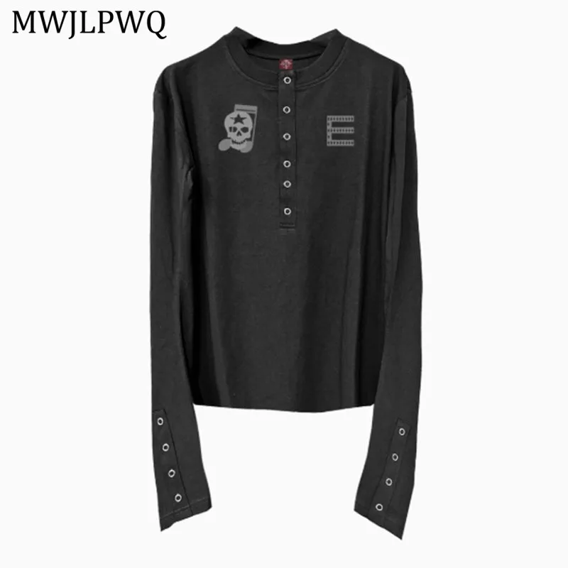 

MWJLPWQ Dark Machete Round Collar T-shirt Male High Street Button Design Long Sleeve Slim Fit High-end Unisex Casual Tops 11375