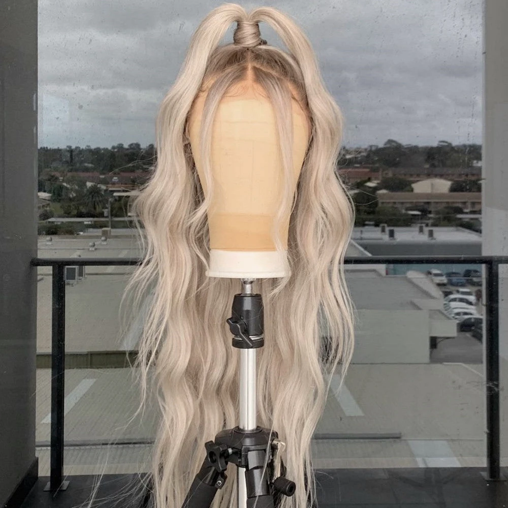 AIMEYA Wig sintetis berenda Wig pirang Ombre untuk wanita gelombang tubuh renda Wig depan rambut alami Wig sintetis Cosplay Wig pesta