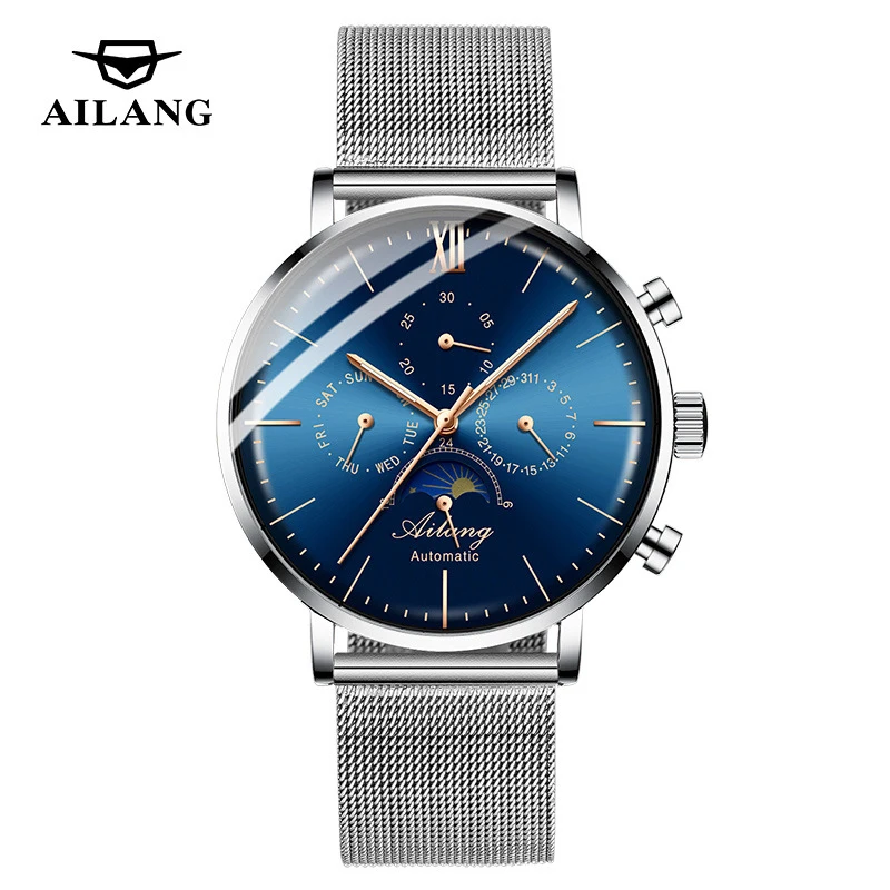 

AILANG модные механические часы мужские из нержавеющей стали с сетчатым ремешком 50 м водонепроницаемые многофункциональные мужские часы с фазой Луны и неделей