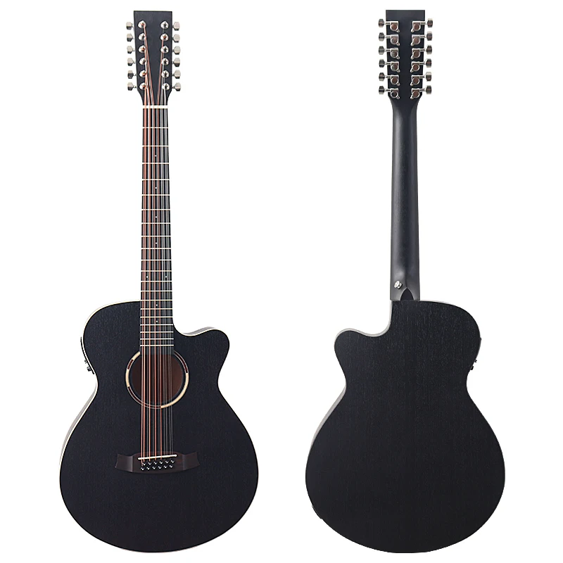 Black Color 12 String Electric Acoustic Guitar Cutaway Design 40 Inch Full Sapele Body Matte Folk Guitar