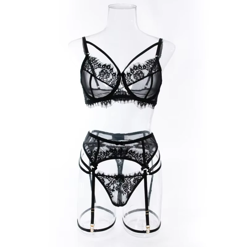 Bikini lingerie with mesh and lace, sexy see-through swimsuit four-piece set for women