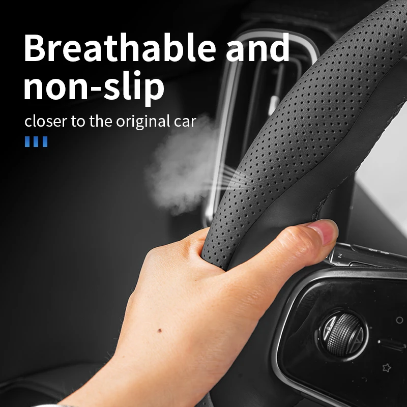 Ultra-Thin Nappa Leather Car Steering Wheel Cover, Laser Drilled Breathable,Split-Type Design,Fits Round&D-Shape Steering Wheels