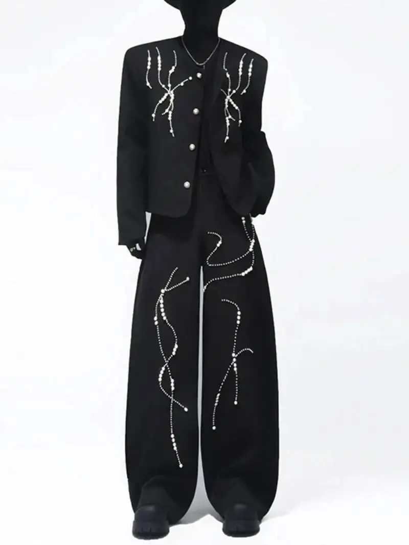 Fashion Men's Jacket Set 2026 Spring New Beads Versatile Short Padded Shoulder Coats Fashionable Elegant Pants  SE34
