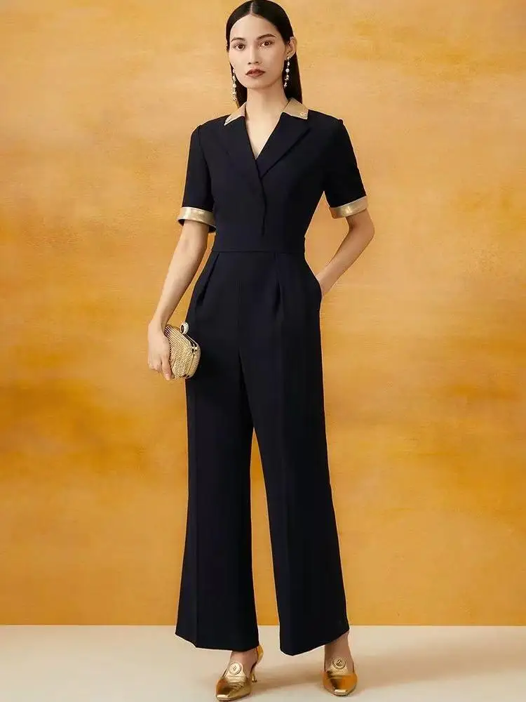 

Ele Silk Inner Lined Jumpsuit Deep Sea Blue Patchwork 2025 Spring Commute Sle Long Pants Polyester Fiber Micro Flared Legs