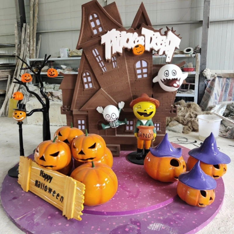 Halloween Garden Yard Fiberglass Resin Pumpkin Sculptures Pumpkin Carriage 3D LED Decoration