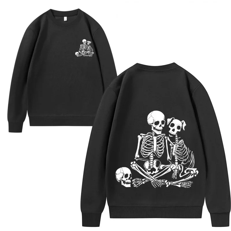 سويت شيرت رجالي هيكل عظمي وجماجم على بلوفر أسود برقبة دائرية ملابس مريحة على الطراز القوطي للهالوين في عام 2025
