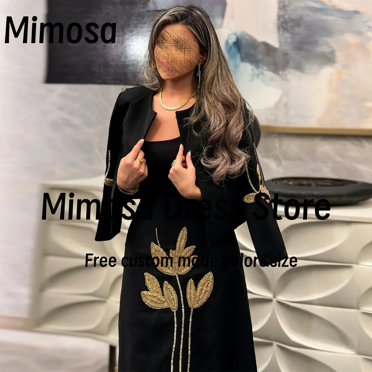 

Mimosa Two Pieces Black Evening Dresses Long Sleeves Jackets Vestidos Des Noches Handmade Beading Formal Prom Dress Customized