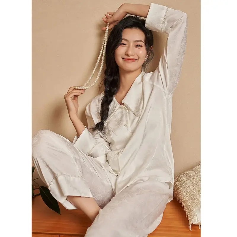 2 Pieces Pearl Neck Jacquard High Quality Pajamas for Women Spring Women\'s Pajamas Set Elegant Ptinting Home Wear Soft Sleepwear