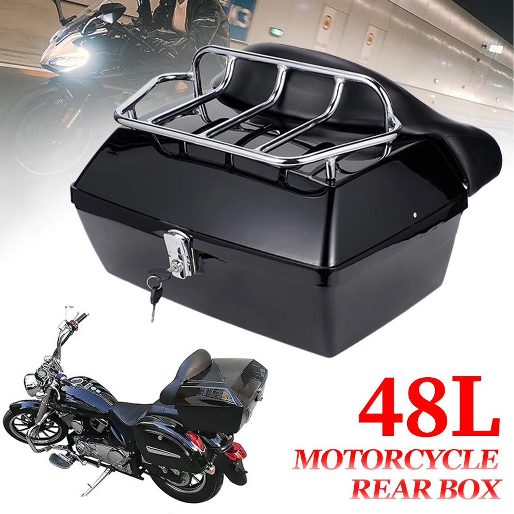 48L Universal Motorcycle Trunk Rear Storage Box Tail Luggage Trunk Case Toolbox With Backrest Pad  For Scooter Motorbike