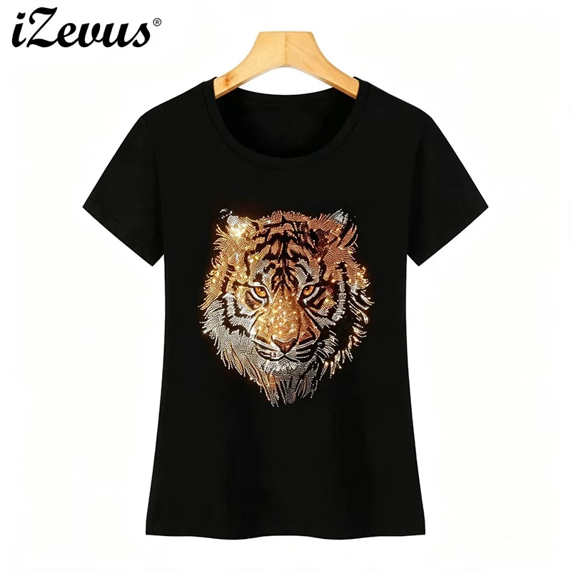 Diamond tiger head summer new women's T-shirt crystal diamond sewn fashionable short-sleeved casual shirt round neck blouse