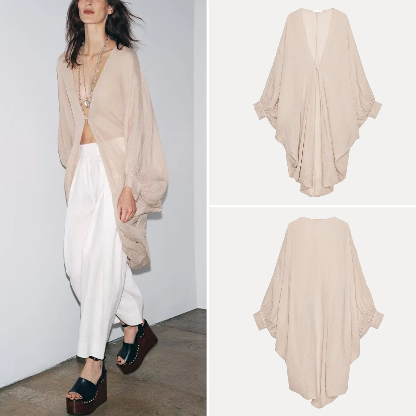 ZADATA 2025 Summer New Women's Linen Long Shirt Fashionable Elegant Style Commute Style Loose Fit Polyester Fiber Long Sleeve