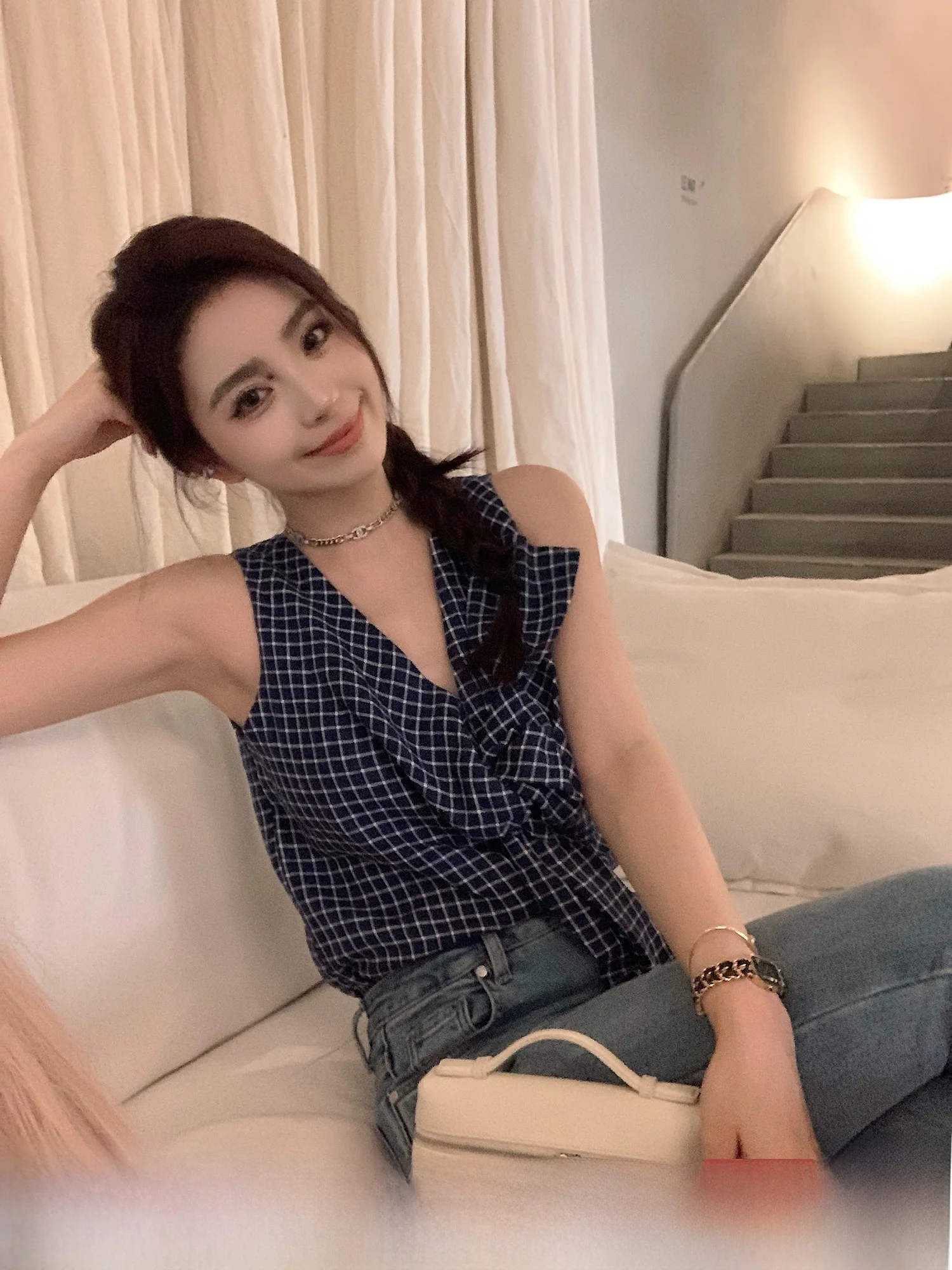 

Lily Exclusive Plaid Vest 00% Linen Material Knot Svel Vest Women's Summer Faion Casual Wear