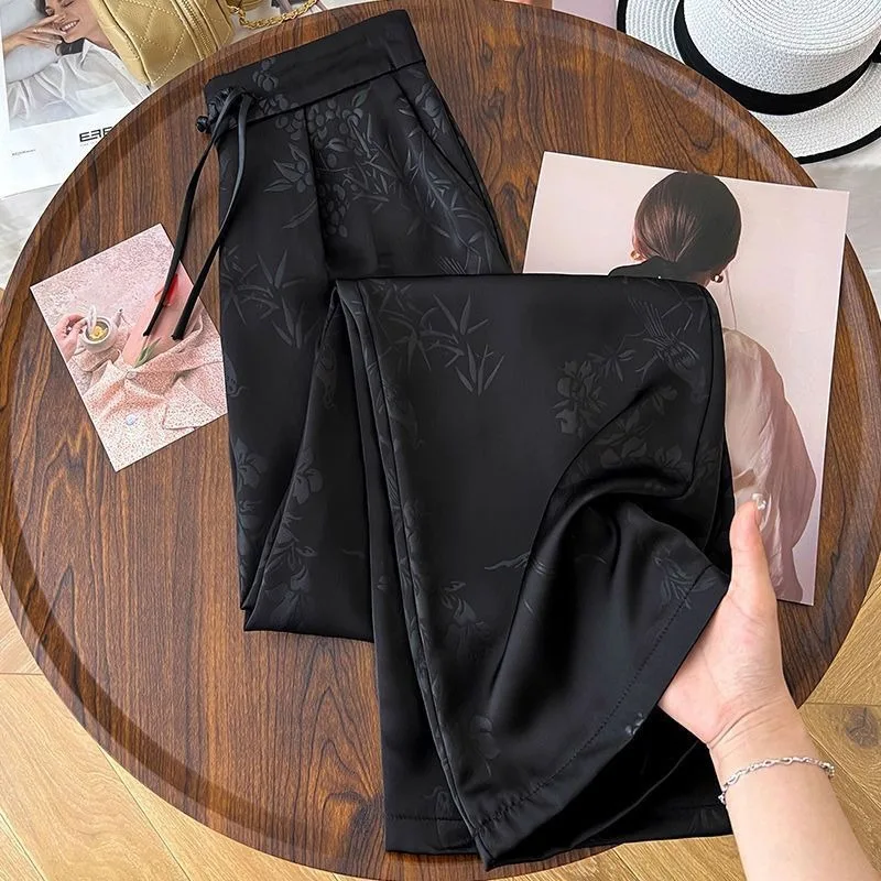 Women's Light Green Floral Embossed Wide-Leg Pants Drawstring Waist Elegant Casual Trousers