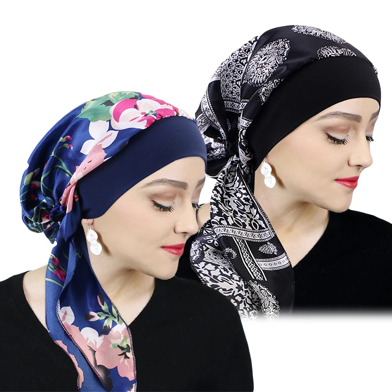 Gedruckt Pre-tie Kopftuch Frauen Elastische Muslimische Weibliche Turban Krebs Chemo Hut Haarausfall Abdeckung Kopf Wrap Kopfbedeckung Stretch Bandana – Detail 14