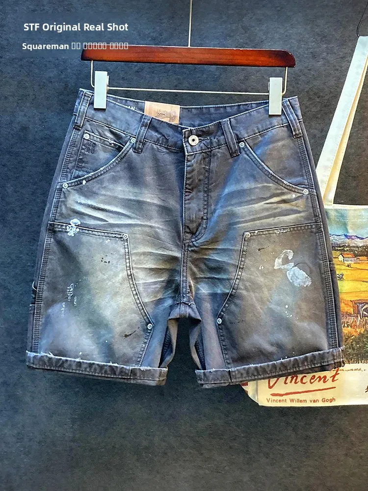 

High Quali Vintage Workwear orts Men's Spring Summer Thin Ink Splaing Multi ket Loose Casual Five-Quarter Pants