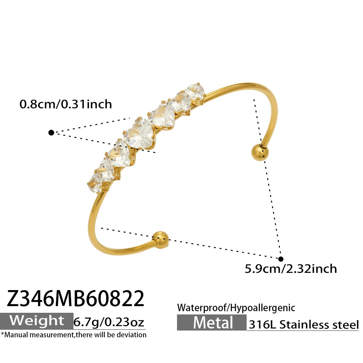 Edelstahl-Manschettenarmbänder mit Herz-Zirkon, Cubic Zirconia Armband, 18k vergoldete Armreifen, zierlicher Schmuck, Geschenk für Frauen – Detail 6