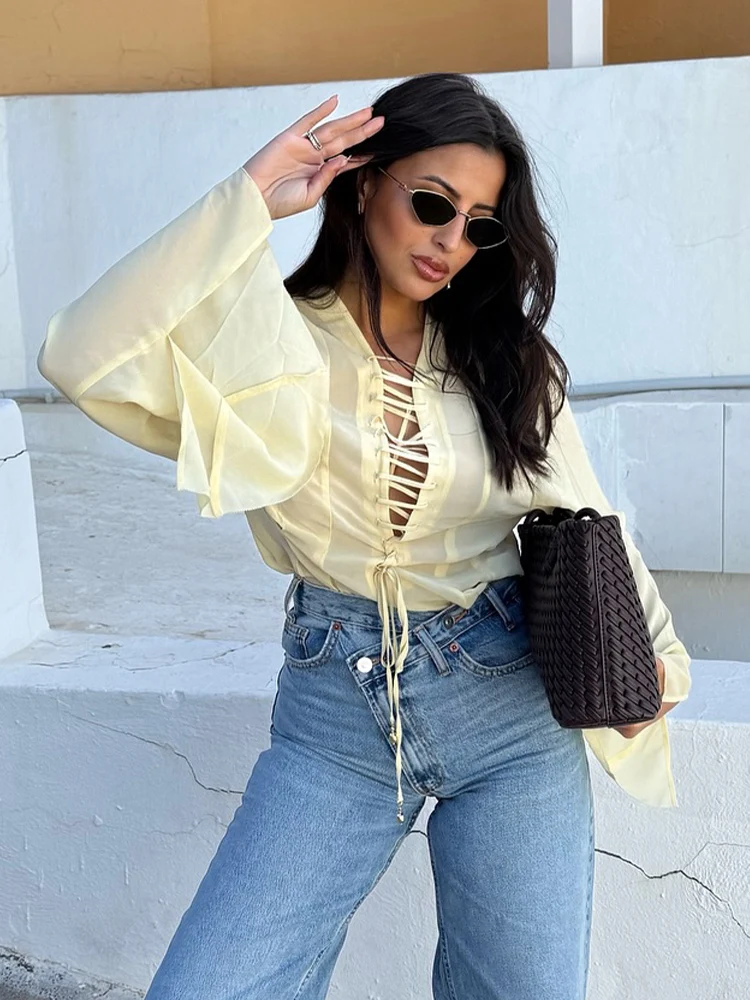 TRAFZA Women's Summer New Versatile V-neck Lace-up Decorative Chiffon Loose Shirt Female Thin Pullover Casual Long Sleeve Shirt
