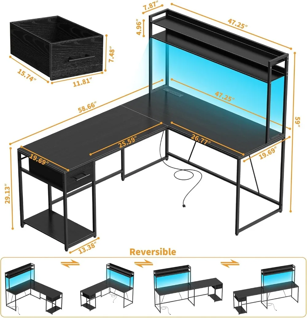 L Shaped Gaming Desk with LED Lights & Power Outlets, Reversible L Shape Computer Desk with Storage Drawer & Shelf