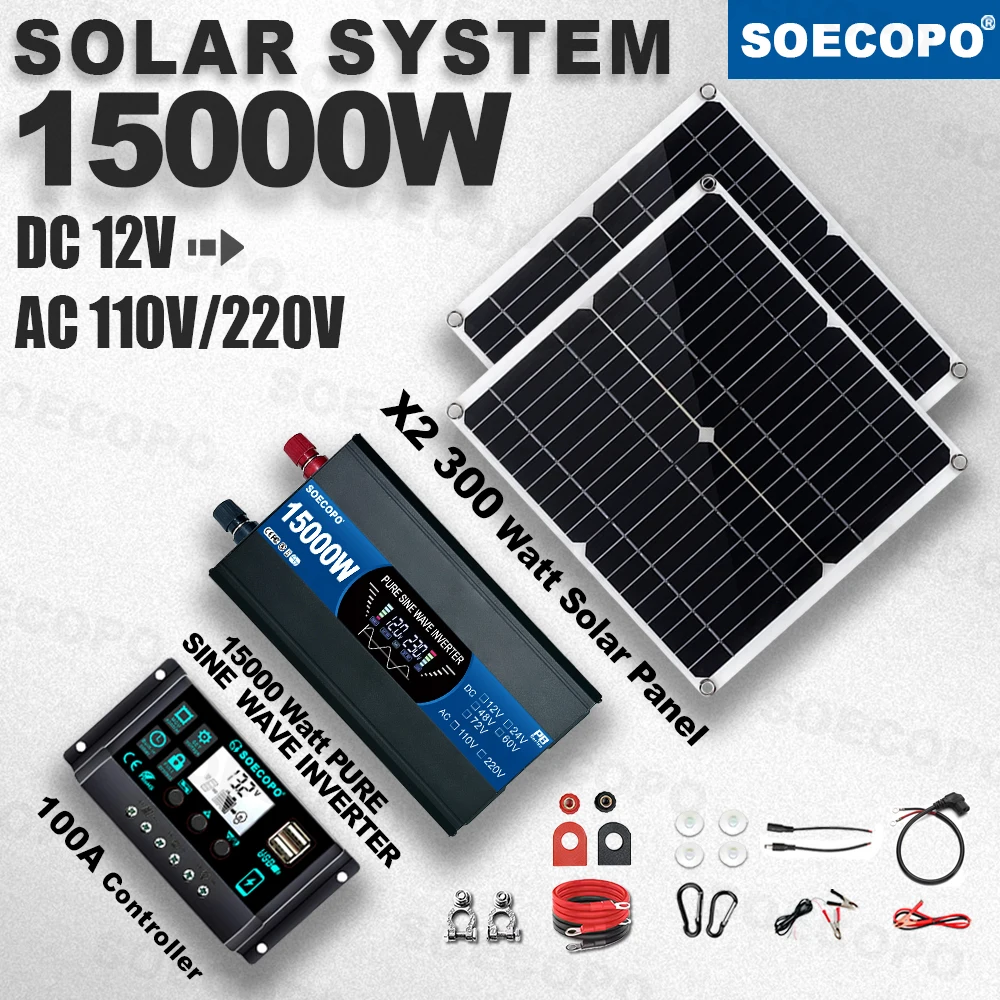 SOECOPO 15000W Pure Sine Wave Solar Kit 2×300W Panel 100A Controller 12V DC to 110V 220V AC Inverter for Home boat Emergency use