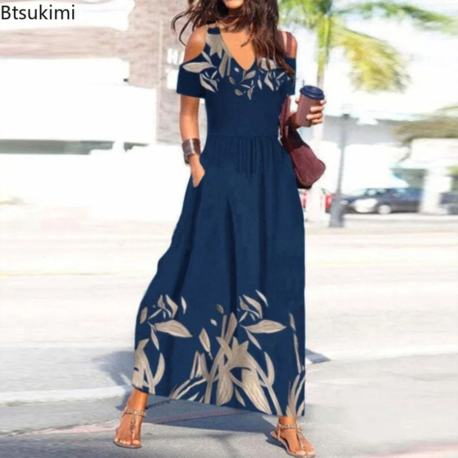 2024 Dames Zomer Print Jurk Sexy V-Hals Korte Mouw Off Shoulder Casual Elegante Maxi Jurken Dames Clubkleding Feestjurk