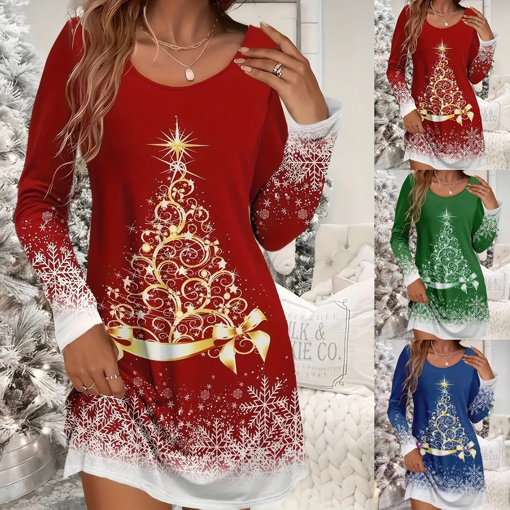 M Christmas Dress for Women Clothing 2024 Winter Long Sleeve Pullover Elegant Casual Female Sexy Xmas Printed Costumes Bodycon