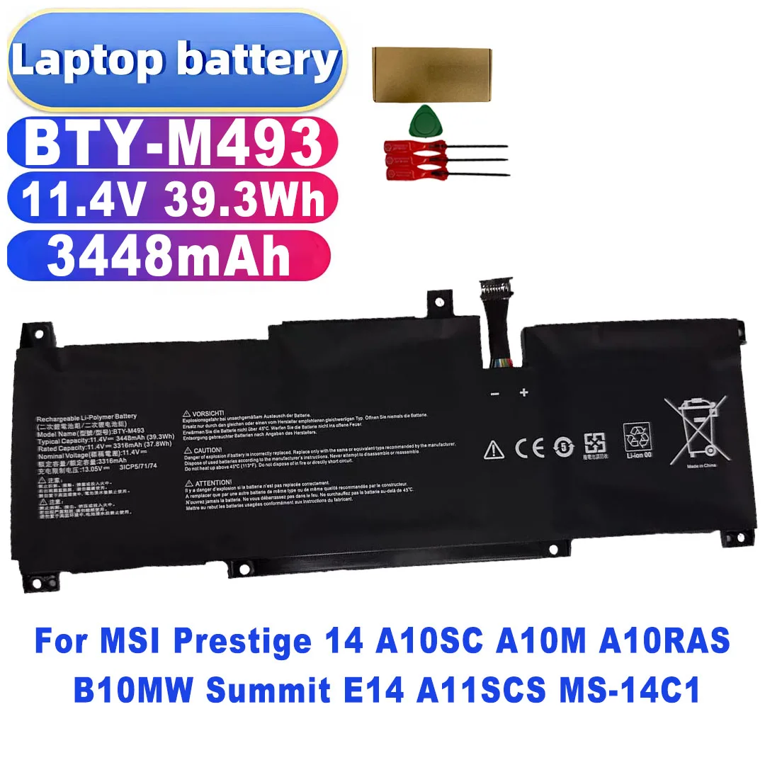BTY-M493 11.4V 39.3Wh 3448mAh Laptop Battery for MSI Prestige 14 A10SC A10M A10RAS B10MW Summit E14 A11SCS MS-14C1