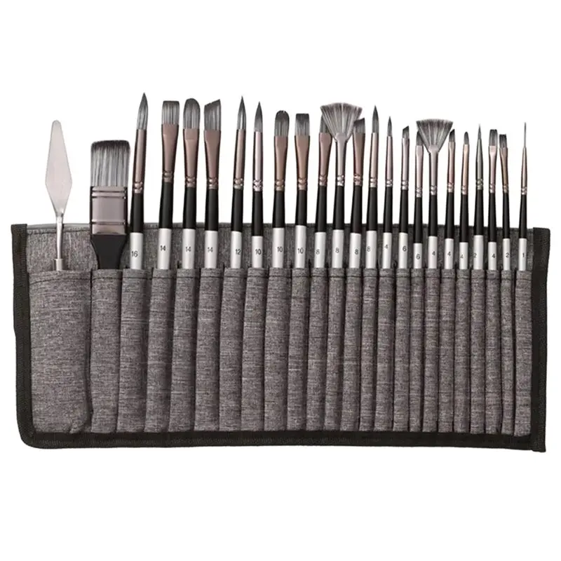 A53M-24Pcs Artist Paint Brush Set With Mixing Tools Wooden Handle Nylon Brushes For DIY Oil, Acrylic Painting Art Craft