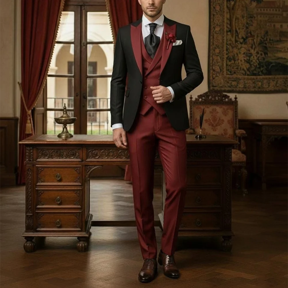 

Peaked Lapel Handsome Suit Three Piece Chic Single Button Business Formal Wedding Suit Slim Fitted Formal Party Prom Set