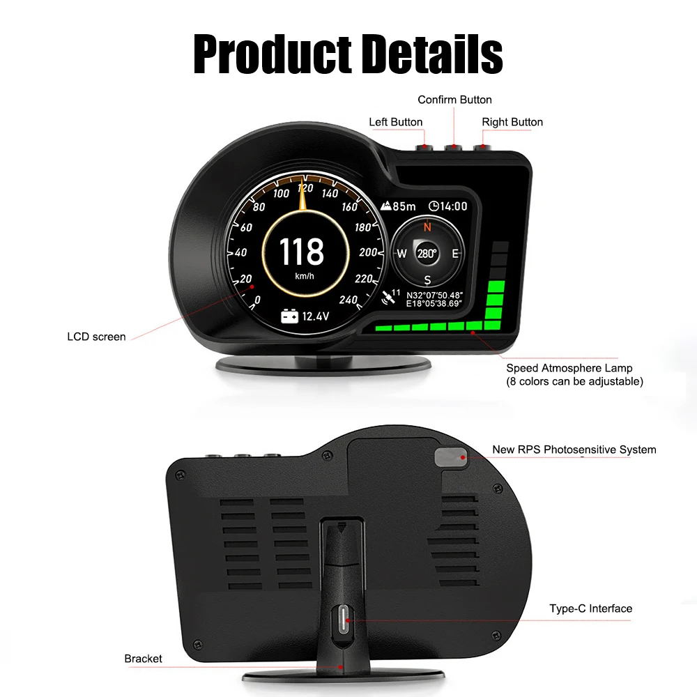 6 Alarm Functions Speedometer HUD RPM Gauge OBD GPS Dual System F15 Accelerated Test Car Head Up Display Milometer