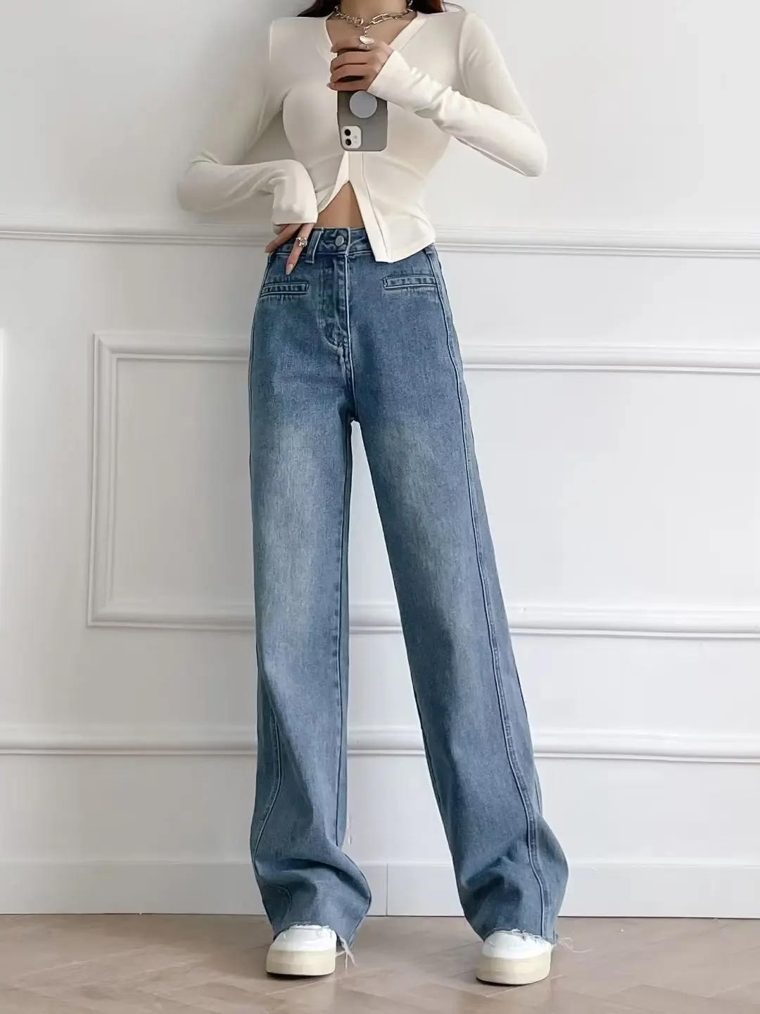 미국 레트로 하이웨이스트 와이드 레그 진 하이웨이스트 더블 스티치 프레이드 플로어 길이 슬리밍 효과