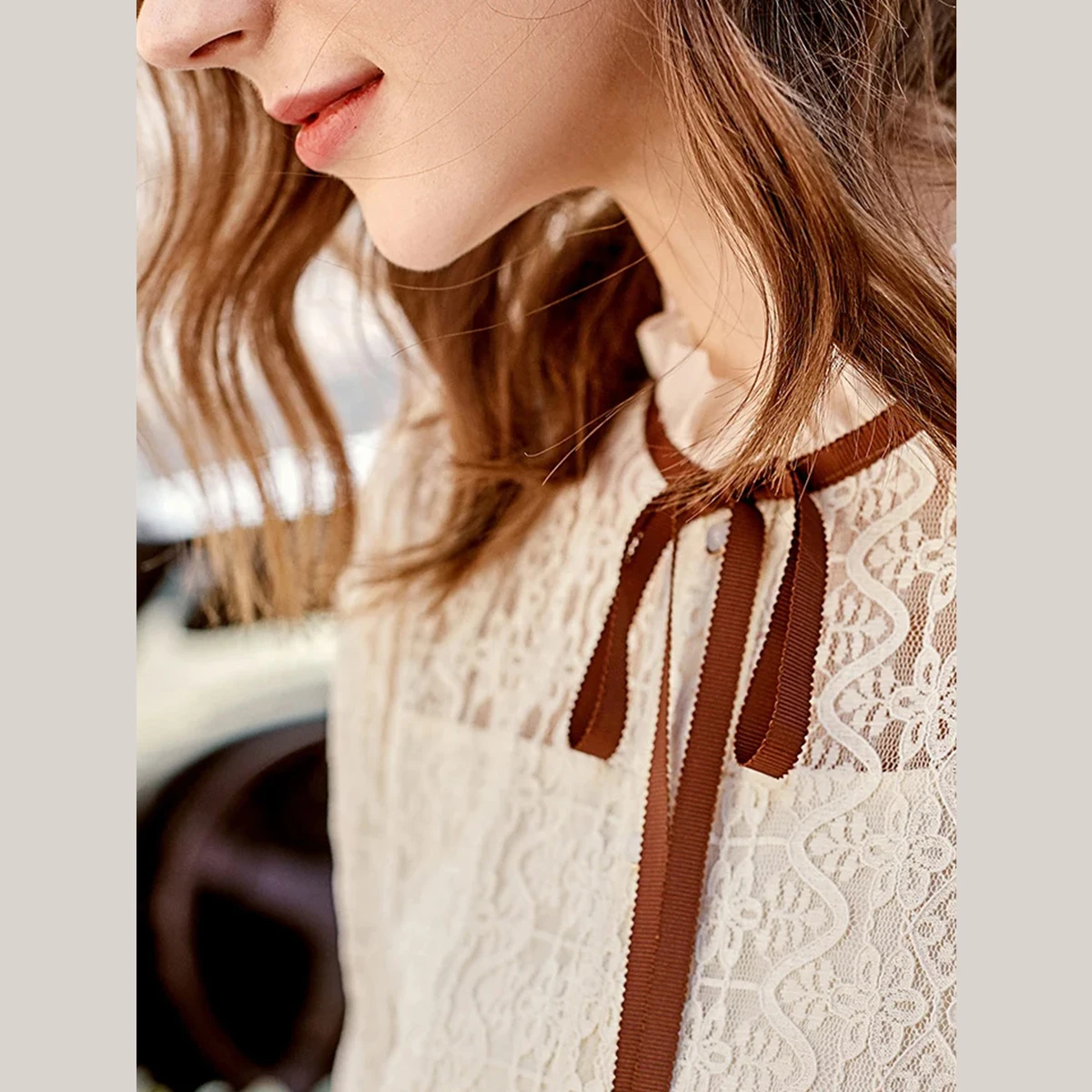 OLrain Womens Casual Shirts 2025 Autumn Knitted Spliced Lace Up Bow Single Breasted Elegant Long Sleeve Blouses Lady M56QC36385