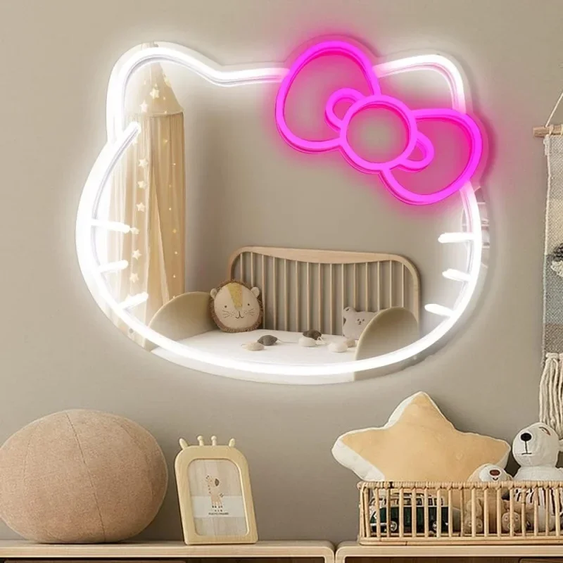 Anime Cat Signs LED Neon Lights Makeup Mirror KT Cat Neon Wall Sign Art Home Decoration Lamp for Hello Kit Kawaii Room Decor