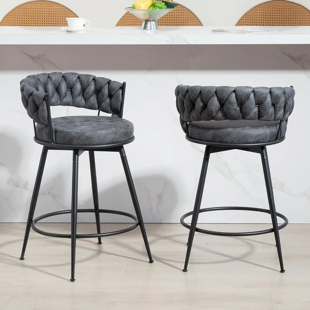 

Set of 2 24 Grey Woven Back Upholstered Suede Counter Height Bar Stools
