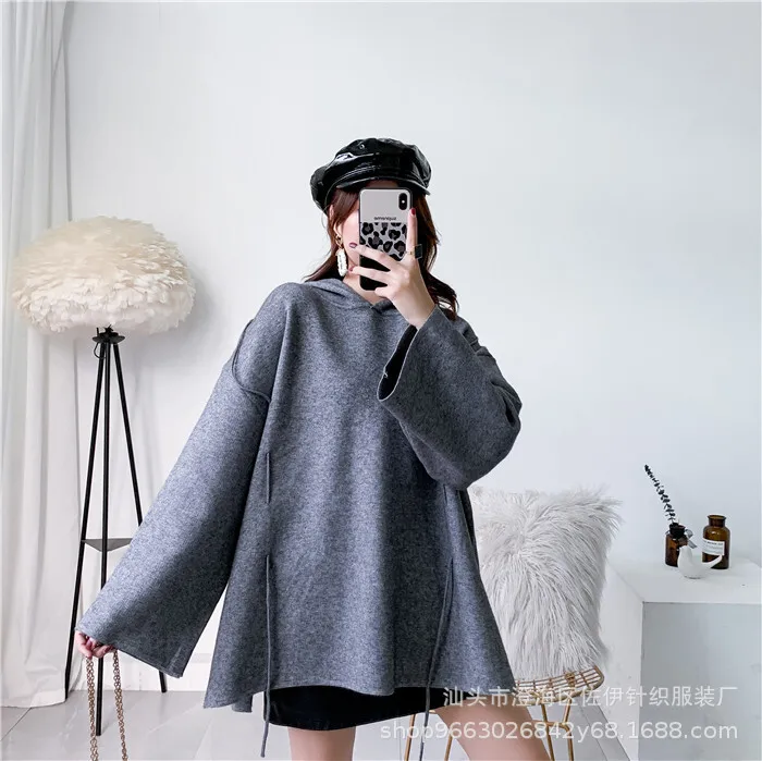 UMI MAO Retro Hoodie Losse gebreide hoodie Dikke trui Damestop Middellange tot lange top Femme
