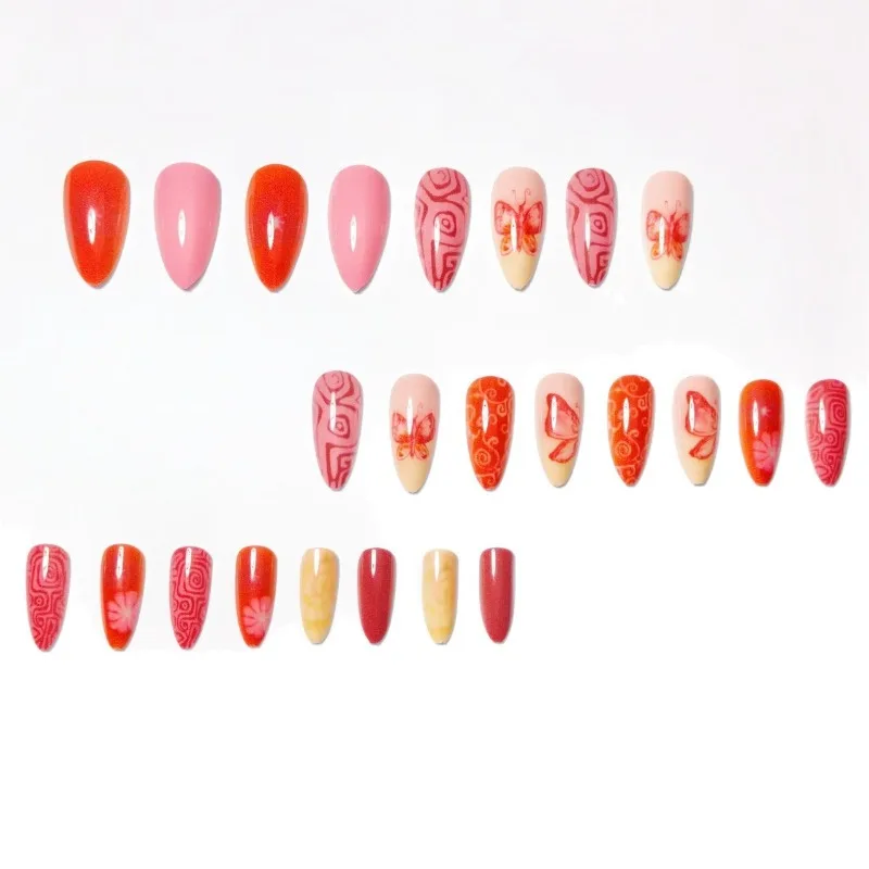 24 STKS Zoete Cool Vlekkerige Gouden Kraal Nep Nagel met Amandelvorm Druk op Nagels met Kersen Vlinder Ontwerp Kunstnagels Verwijderbaar