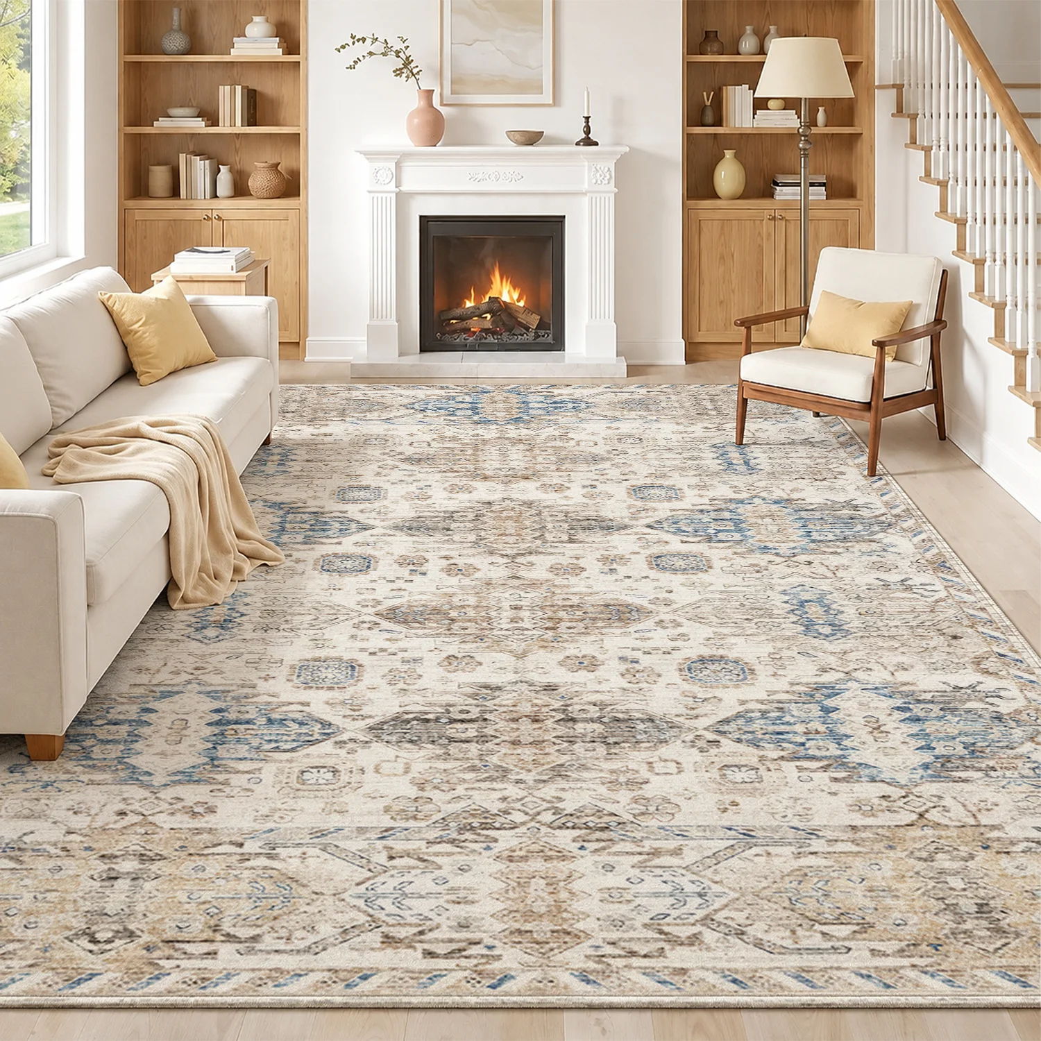 Large Indoor Area Rug, Soft Velvet Low Pile Rug with Non-Slip Dotted Backing, Machine Washable Vintage Geometric Pattern in Neutral Beige & Blue, Ideal for Living Room, Bedroom or Entryway