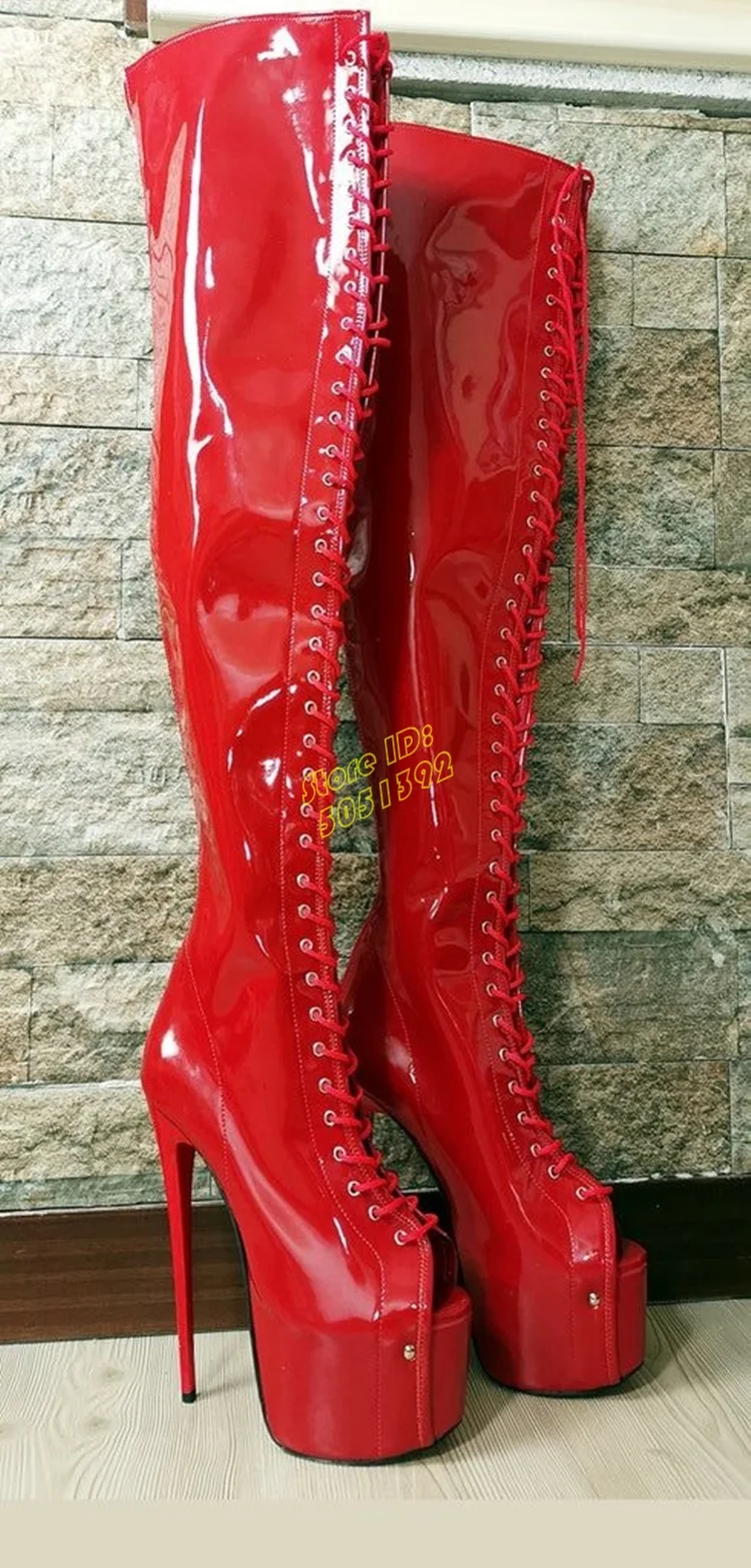 Red Patent Leather Lace Up Boots Peep Toe Platform Stiletto Super High Heel Lace Up Over The Knee Fashion 2024 Winter Women Shoe