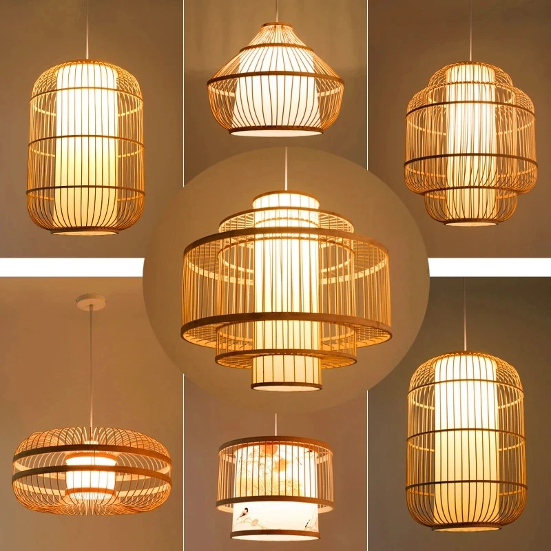 Chinese Bamboo LED Chandelier Lighting Garden Restaurant LED Pendant Lamp Hotel Farm Teahouse Lantern Tatami Bamboo Hanging Lamp