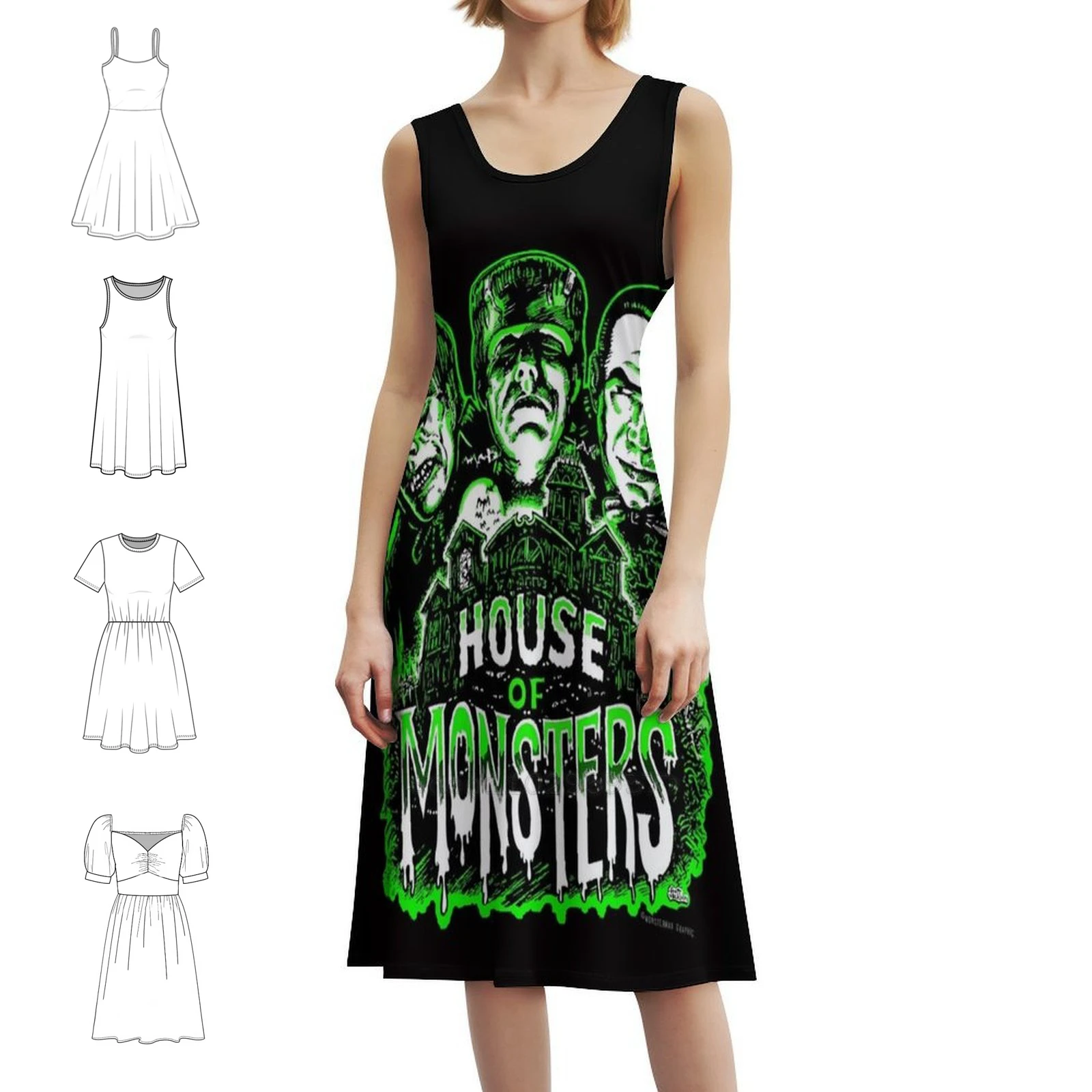 

House Of Monsters Korean Style Dress For Women Elegant Casual Dress For Party Or Daily Wear Vampire Haunted House Monsters