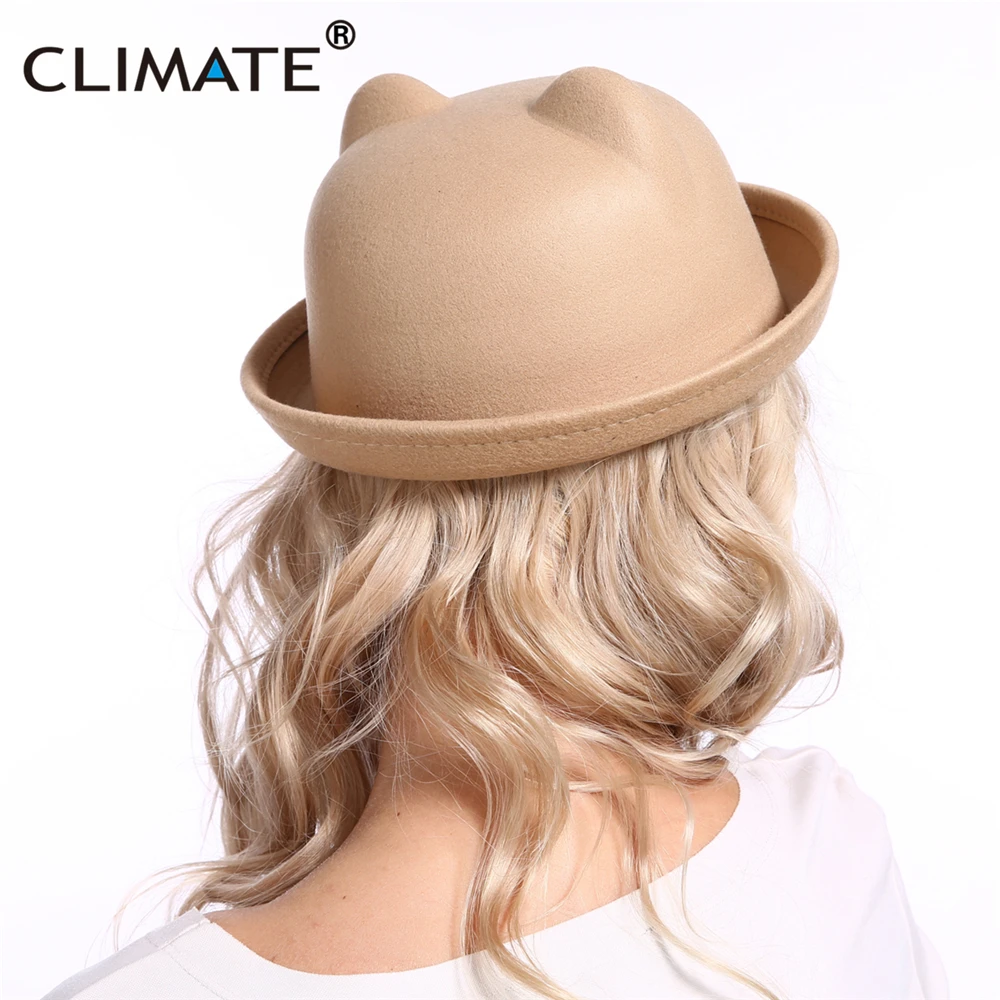 CLIMATE Women Cute Fedora Hat Hats for Woman Lovely Cat Ear Fedoras Fascinator Girls Cap Cute Fashion Polyester Woolen Cap Hat