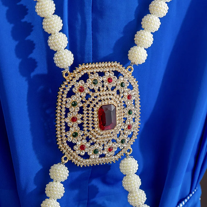 سلسلة جسم الزفاف: تصميم تخريمية من اللؤلؤ والأحجار الكريمة الحمراء، إكسسوار زفاف أنيق للعرائس #1