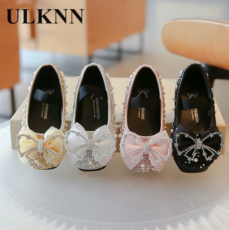 Girls' Princess Pink Shoes 2024 Fall New Soft Soled Square Head Single Shoes For Children Little Girls Sequin Bead Glass Shoes