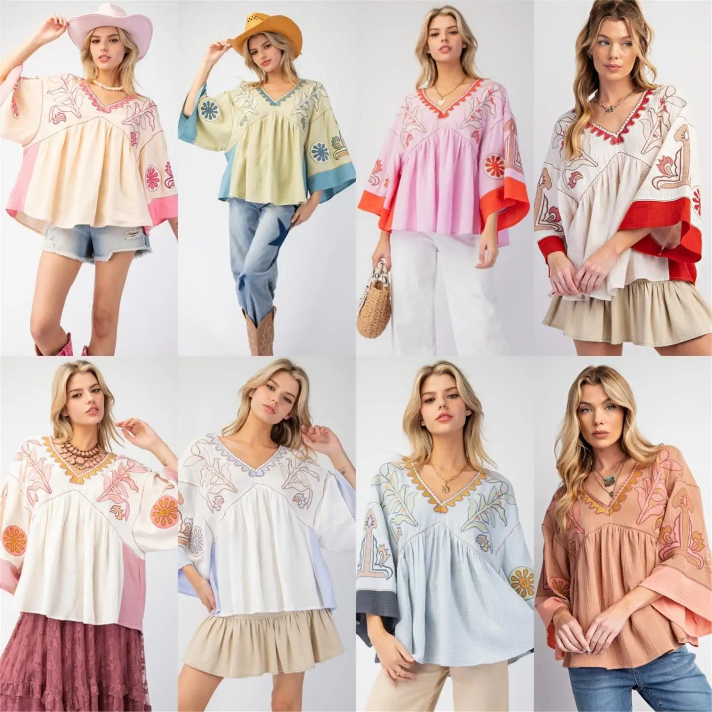 Printemps été nouveau femmes v-ne épissure cloche Sve T-shirt couleur Blo haut ample décontracté européen Sle Seven Sve Long T-s...