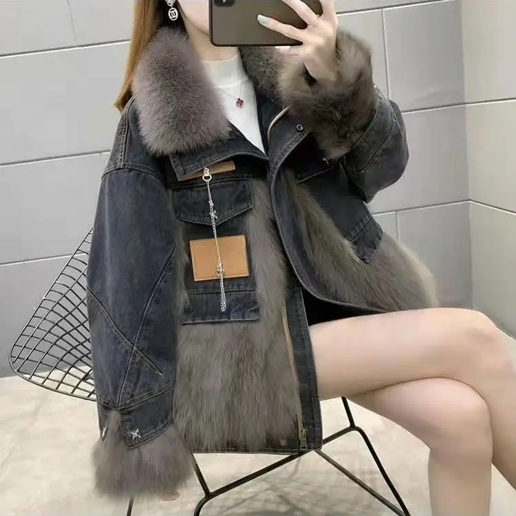 Women Thick Coat Winter Autumn Korean Fashion Parkas Patchwork Jeans Coat Sweet Full Turn-down Collar Winter Jacket Women